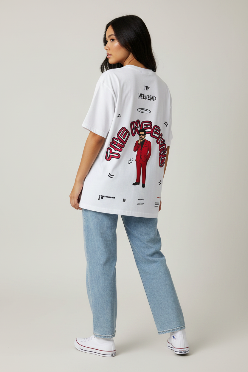 The Weeknd White Tee - Female Model Back